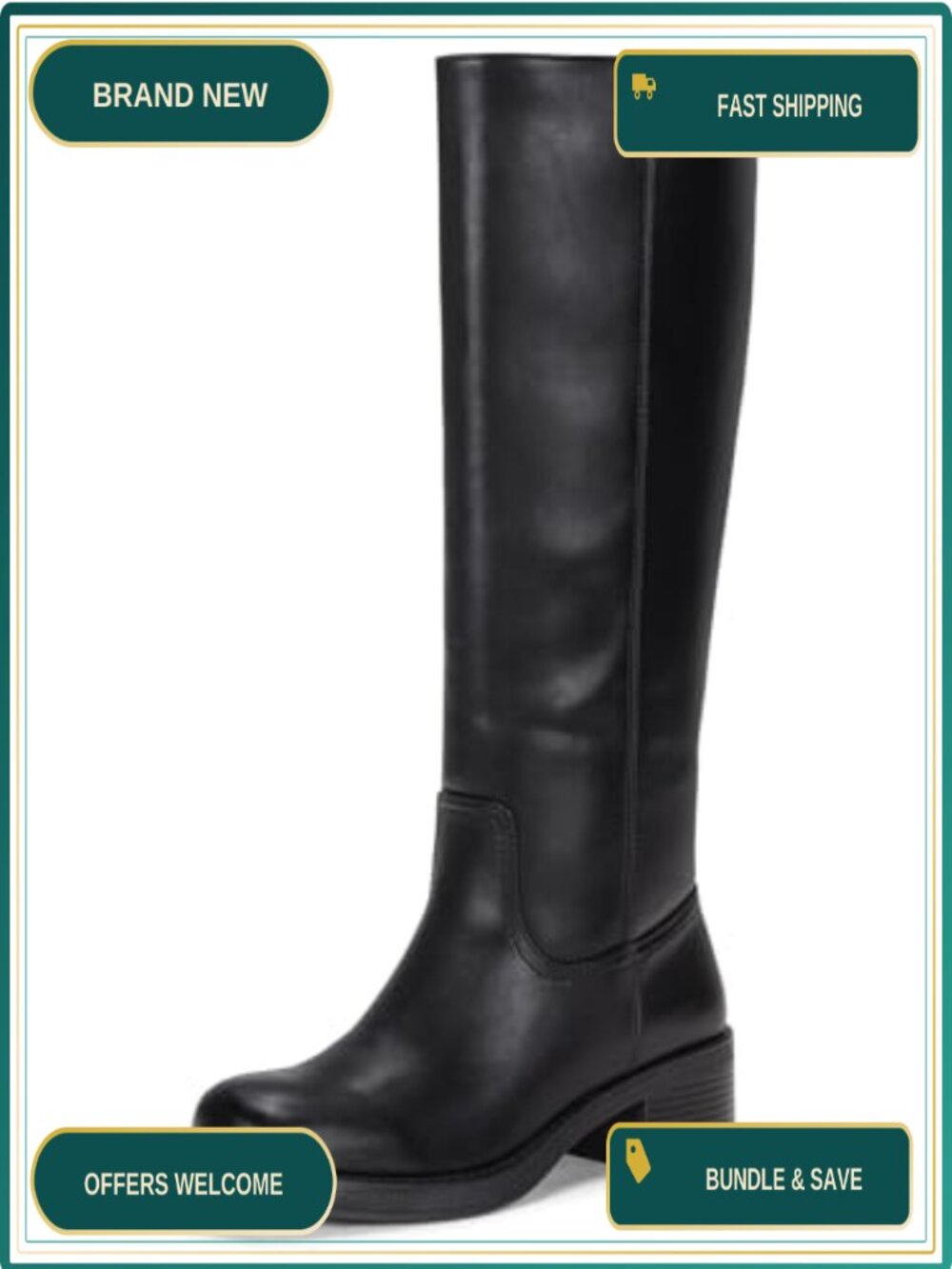 Women's Square Toe Knee High Chunky Heel Boots Side Zipper Faux Leather